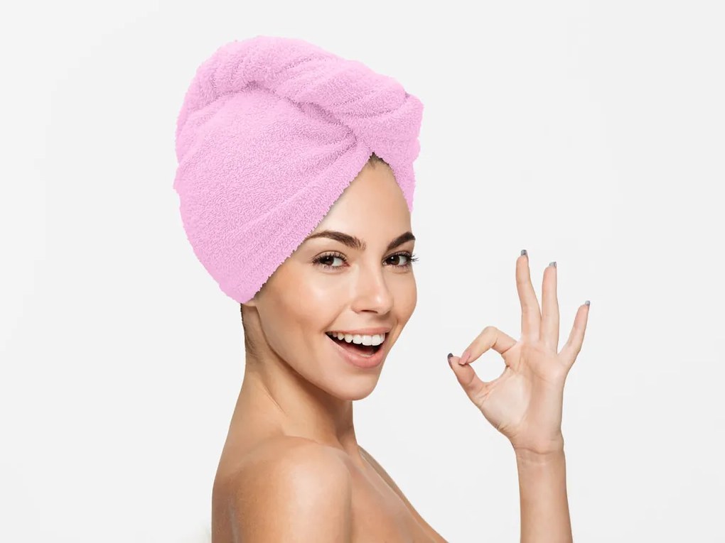 Szybkoschnący turban do włosów frotte różowy, 100% bawełna