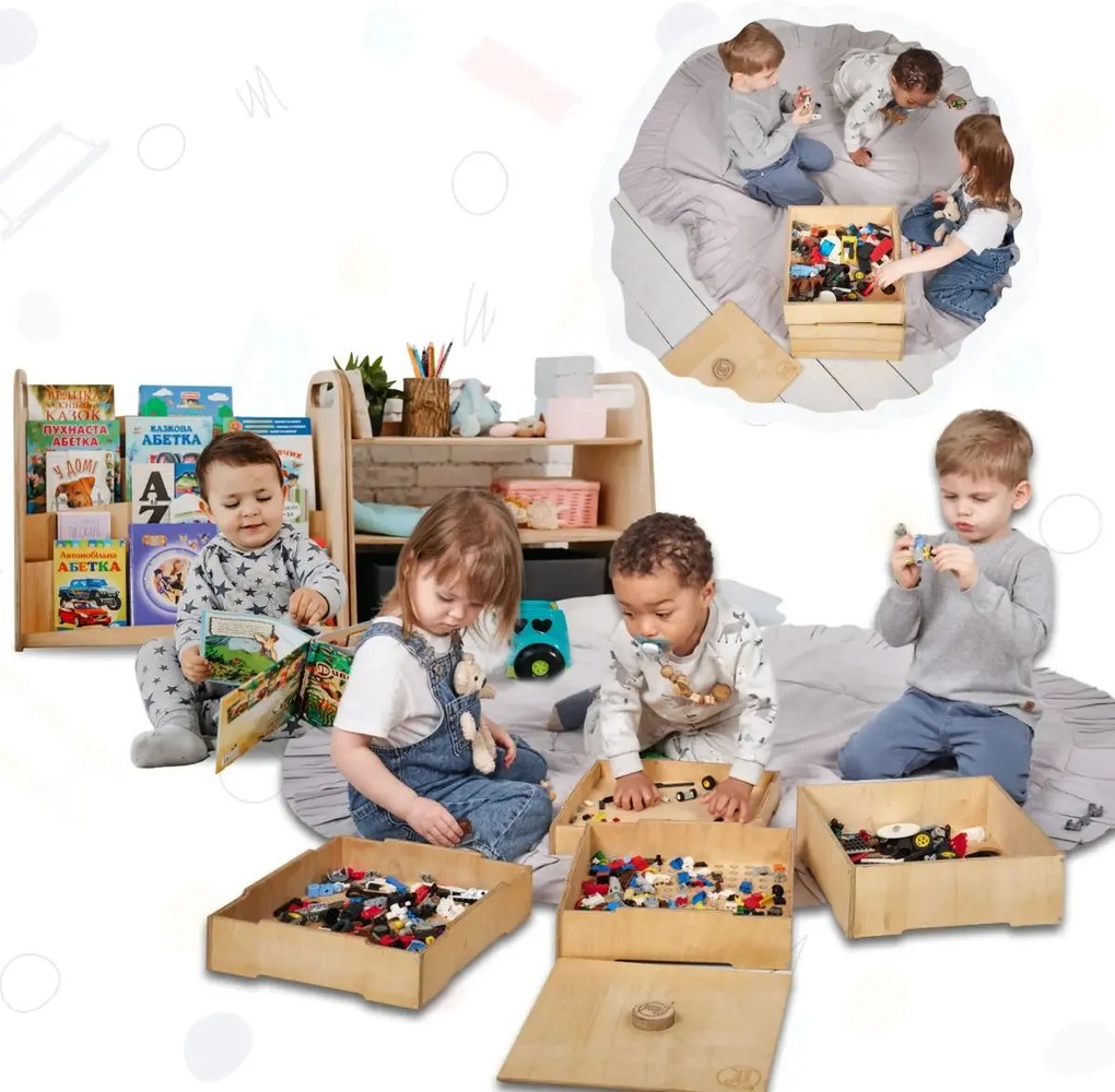 Regał 3w1 Montessori: regał na książki, zabawki i sortownik na klocki Lego