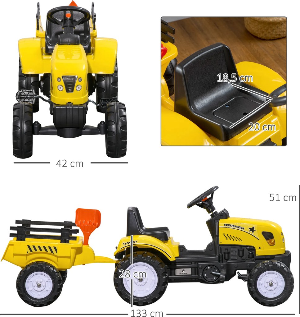 HOMCOM Traktor na pedały z przyczepką Traktor dla dzieci od 3 lat Kolor żółty