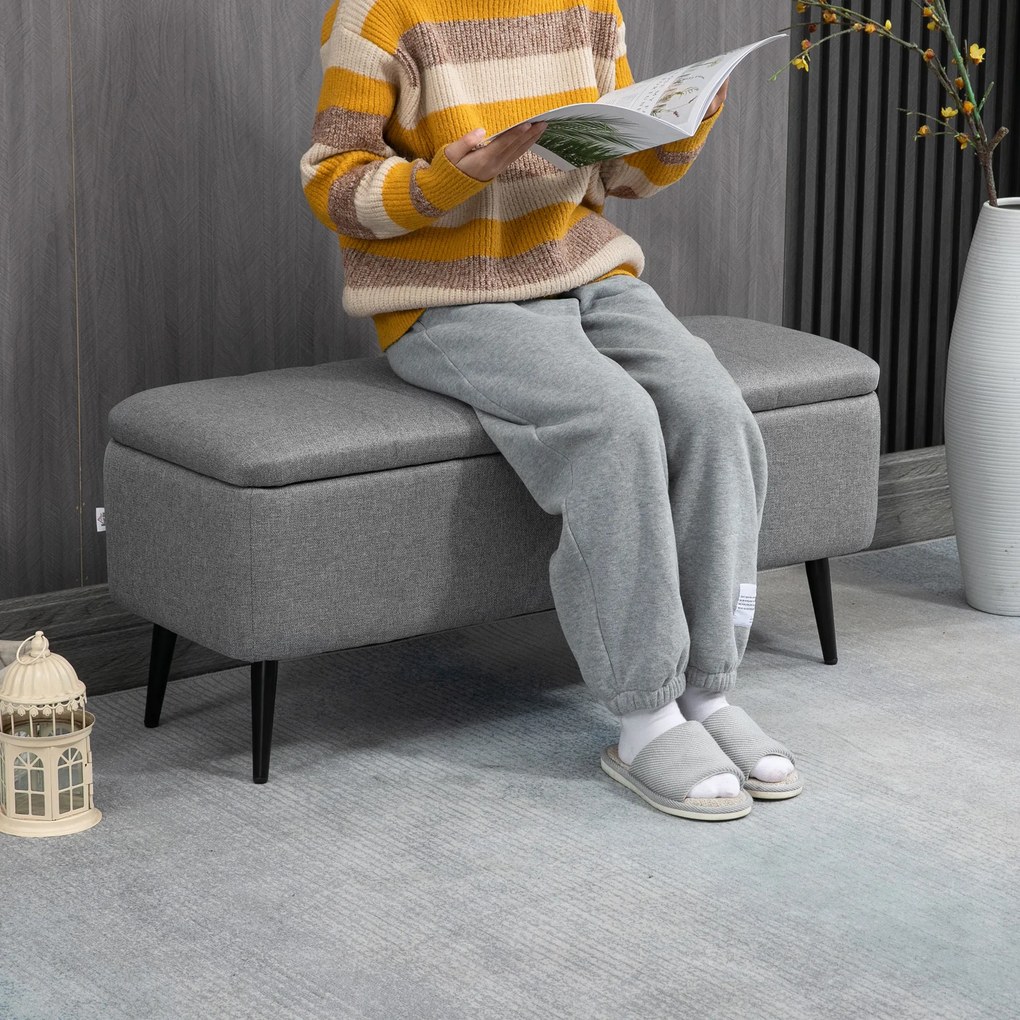 Tapicerowana Ławka HOMCOM z Miejscem do Przechowywania w Optyce Lnu z Nogami ze Stali 102 x 40 x 44 cm, Szary