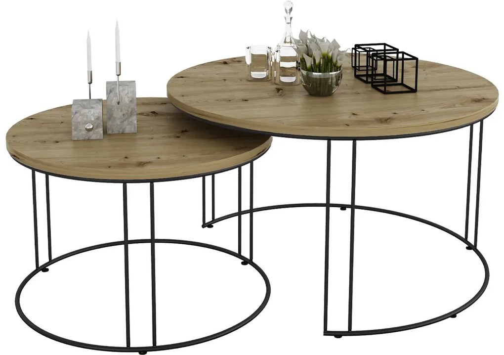 Industrialny zestaw stolików kawowych czarny + dąb artisan - Eksa 4X