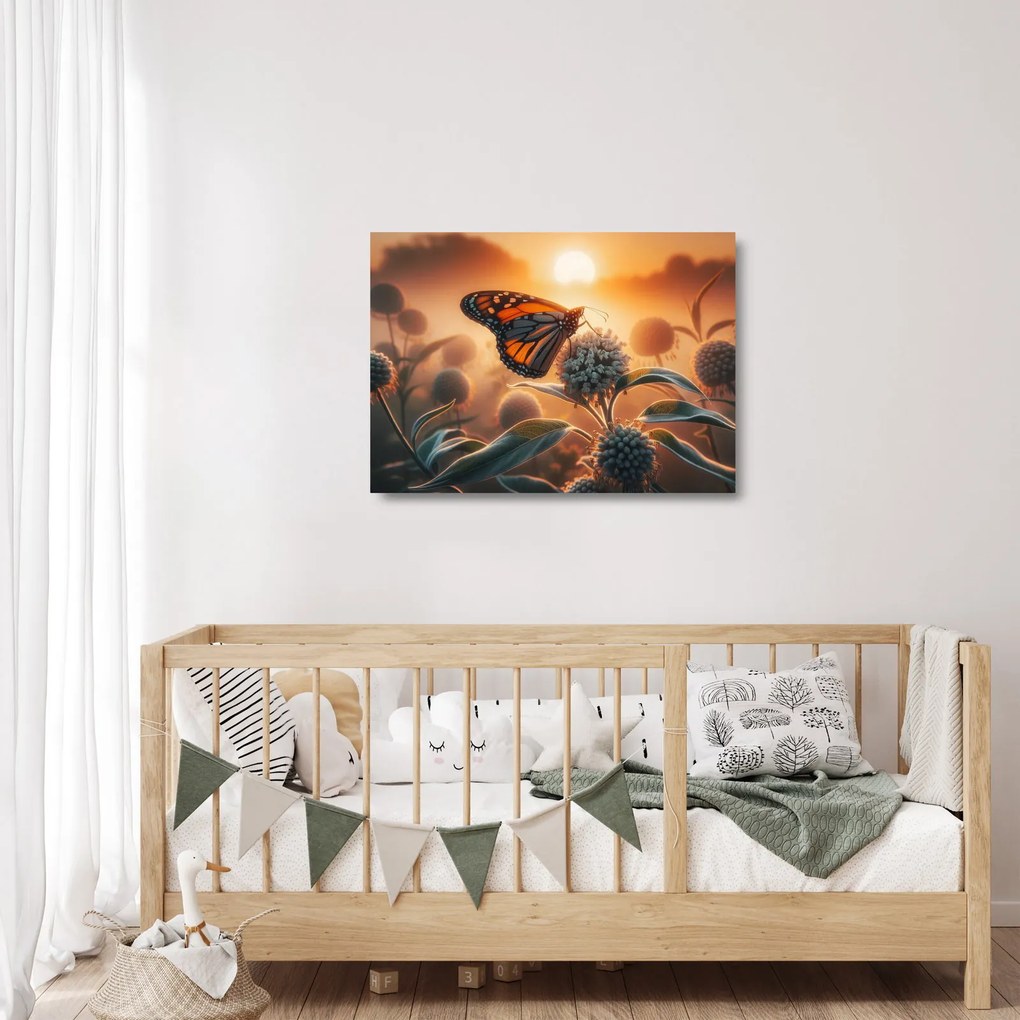 Obraz na szkle – Motyl w zachodzącym słońcu (70x50 cm)