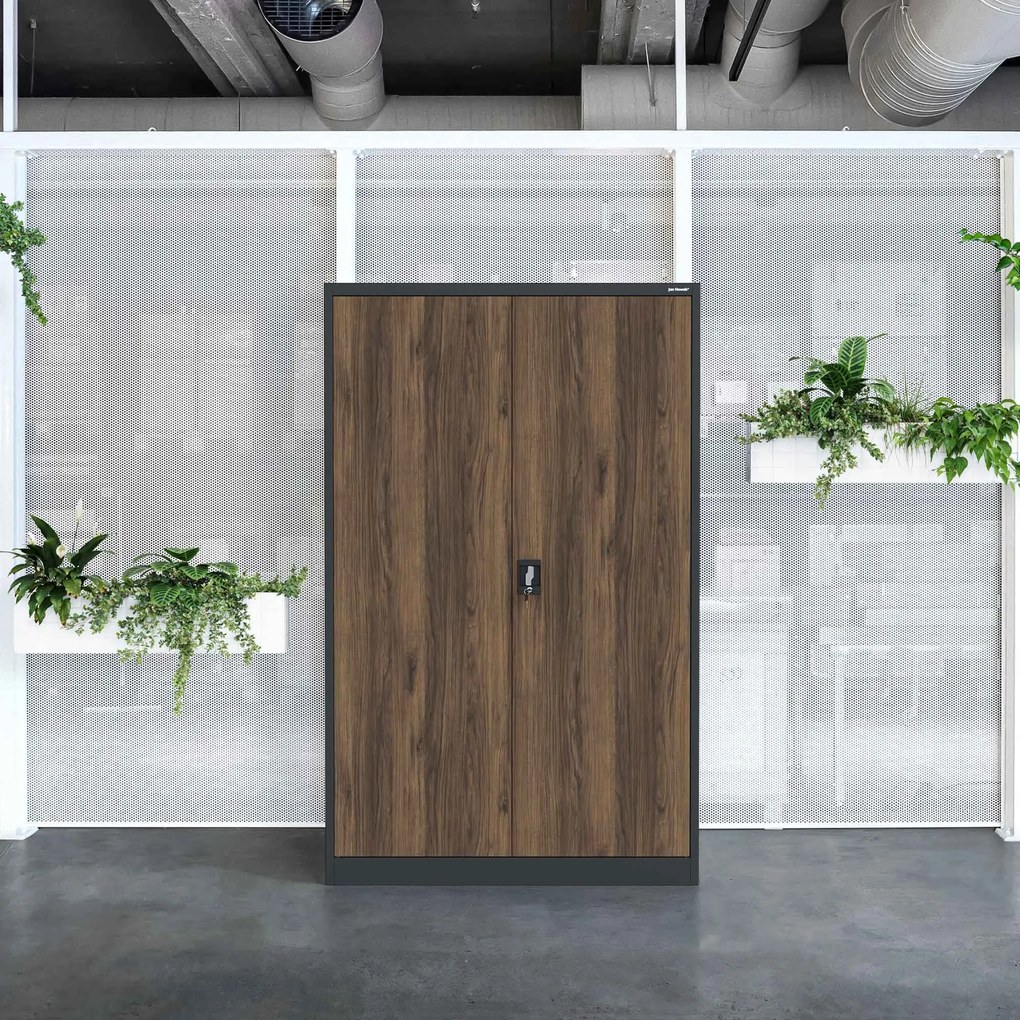 Szafa biurowa metalowa na akta, szeroka, antracyt/orzech, 1150x1850x400 mm: JAN II Eco Design