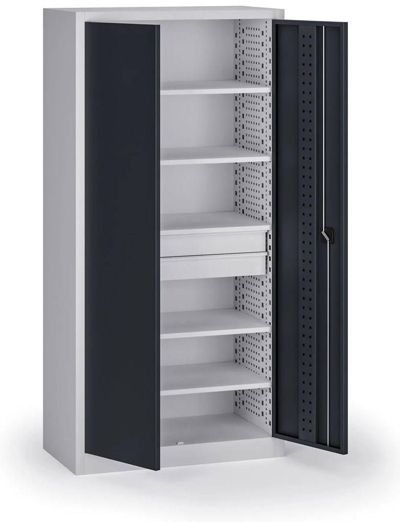 Szafa warsztatowa, 5 półek + 2 szuflady, 1950 × 950 × 500 mm, grafitowe drzwi