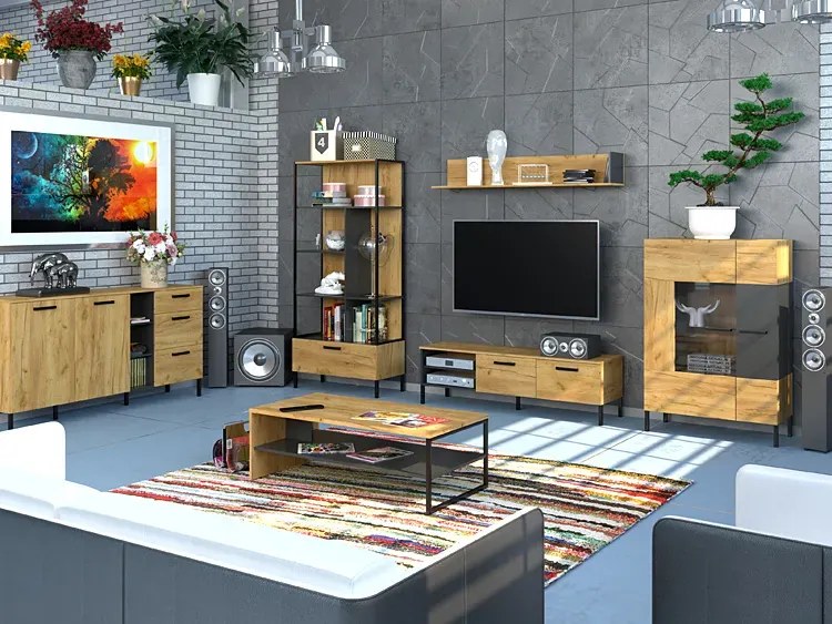 Industrialna witryna w kolorze dąb craft + antracyt - Vinos 10X