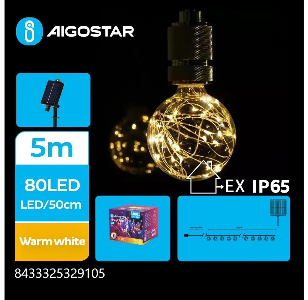 Aigostar - LED Solarny łańcuch bożonarodzeniowy 10xLED/8 funkcji 6,5m IP65 ciepła biel