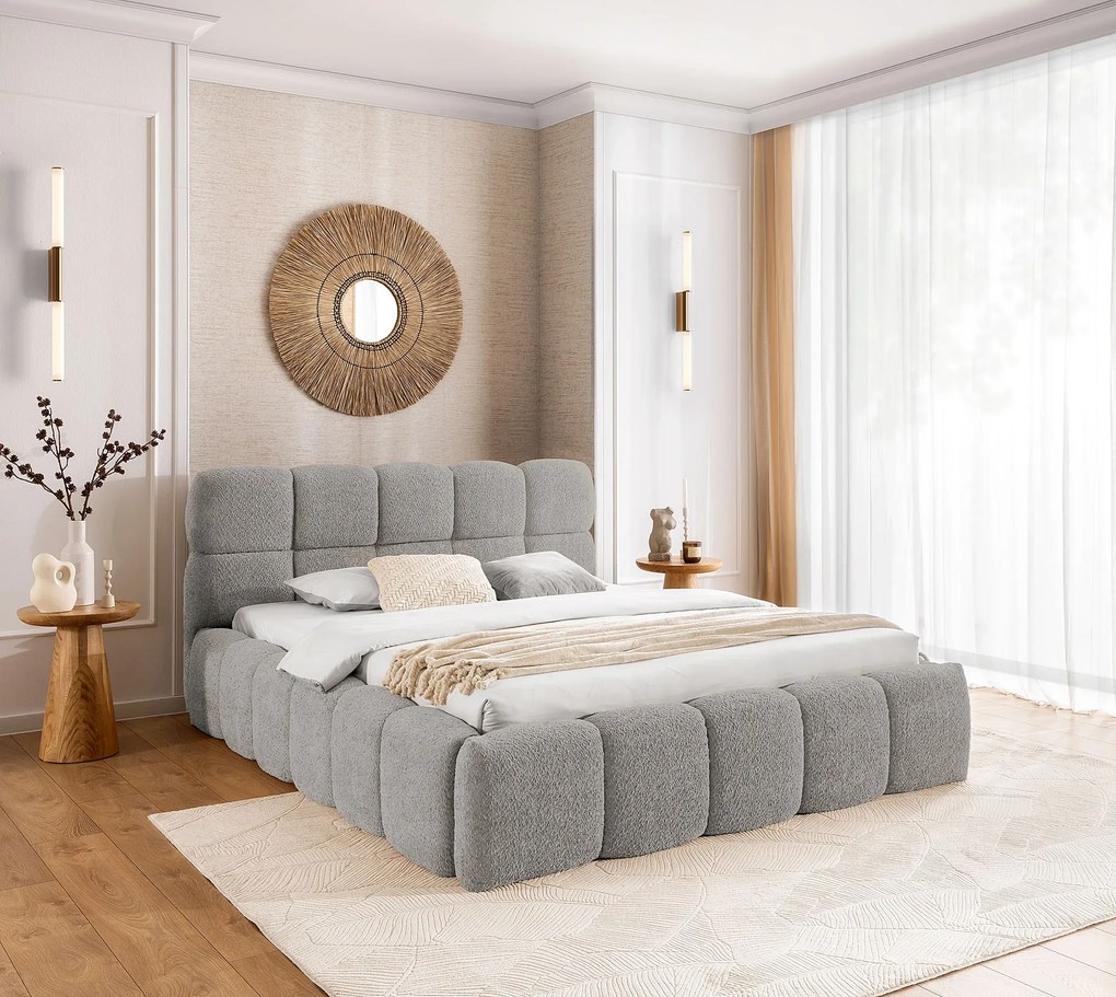 Szare nowoczesne łóżko boucle 5 rozmiarów T5-T54