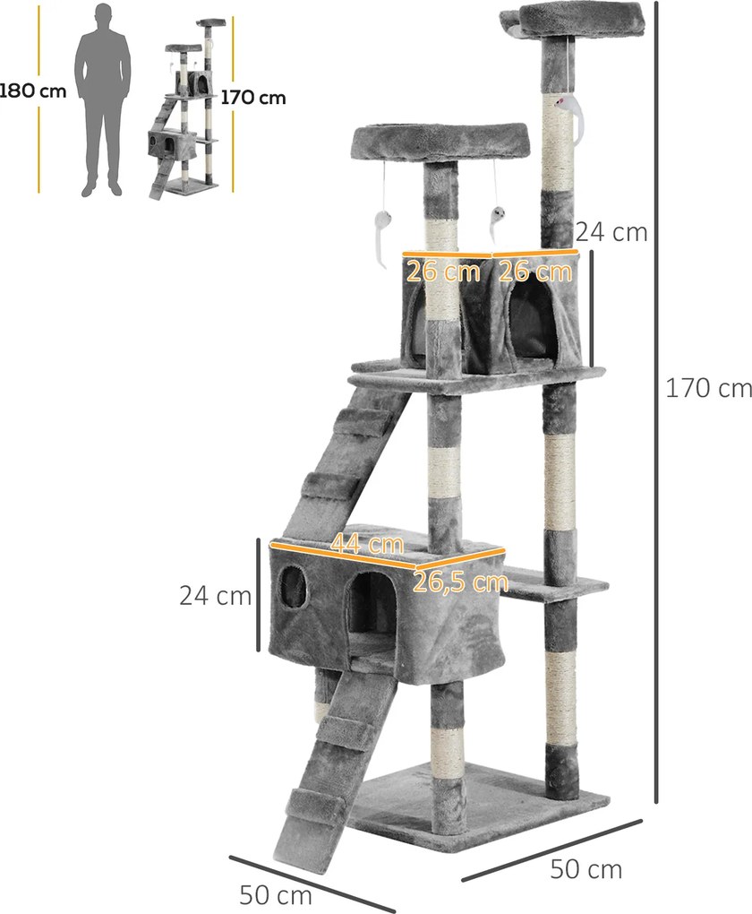 PawHut Drapak dla kota 170cm z domkiem i platformami do wypoczynku Sizalowy słupek Szary | Aosom PL