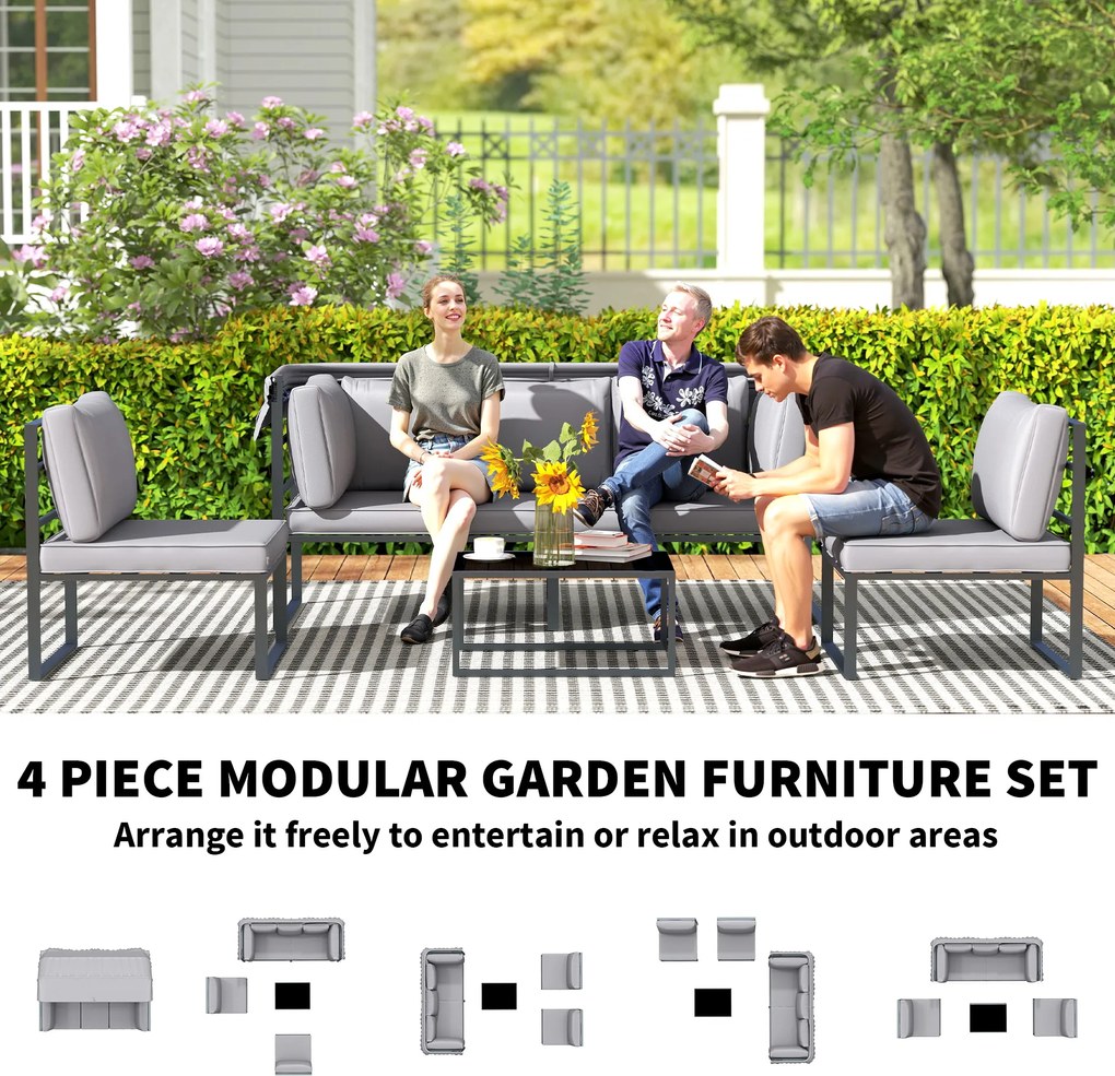 Outsunny Zestaw mebli zewnętrznych, sofa 3-osobowa z baldachimem, 2 krzesła, stolik kawowy z blatem szklanym, 12 poduszek, stalowa rama, Szary