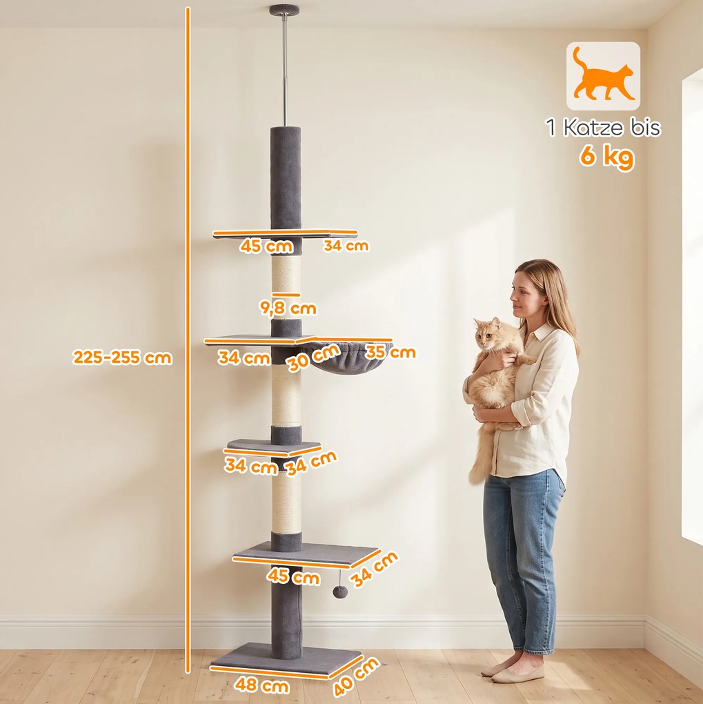 PawHut Drapak sufitowy 225–255 cm regulowany Drapak dla kota z 5 poziomami 3 słupkami z sizalu, hamak, platformy | Aosom PL