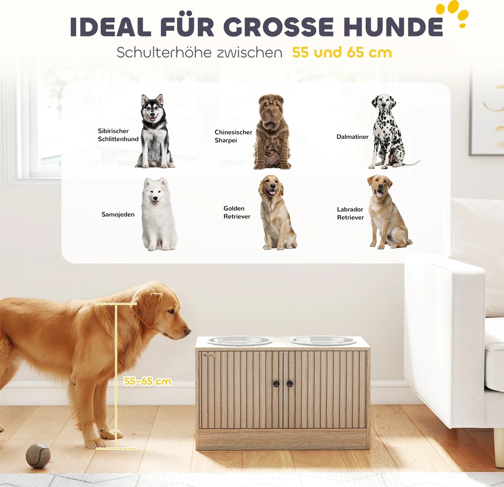 PawHut Stacja karmienia dla psa z 2 miskami ze stali nierdzewnej, szafka na akcesoria, dla dużych psów, akcesoria, drewno | Aosom PL