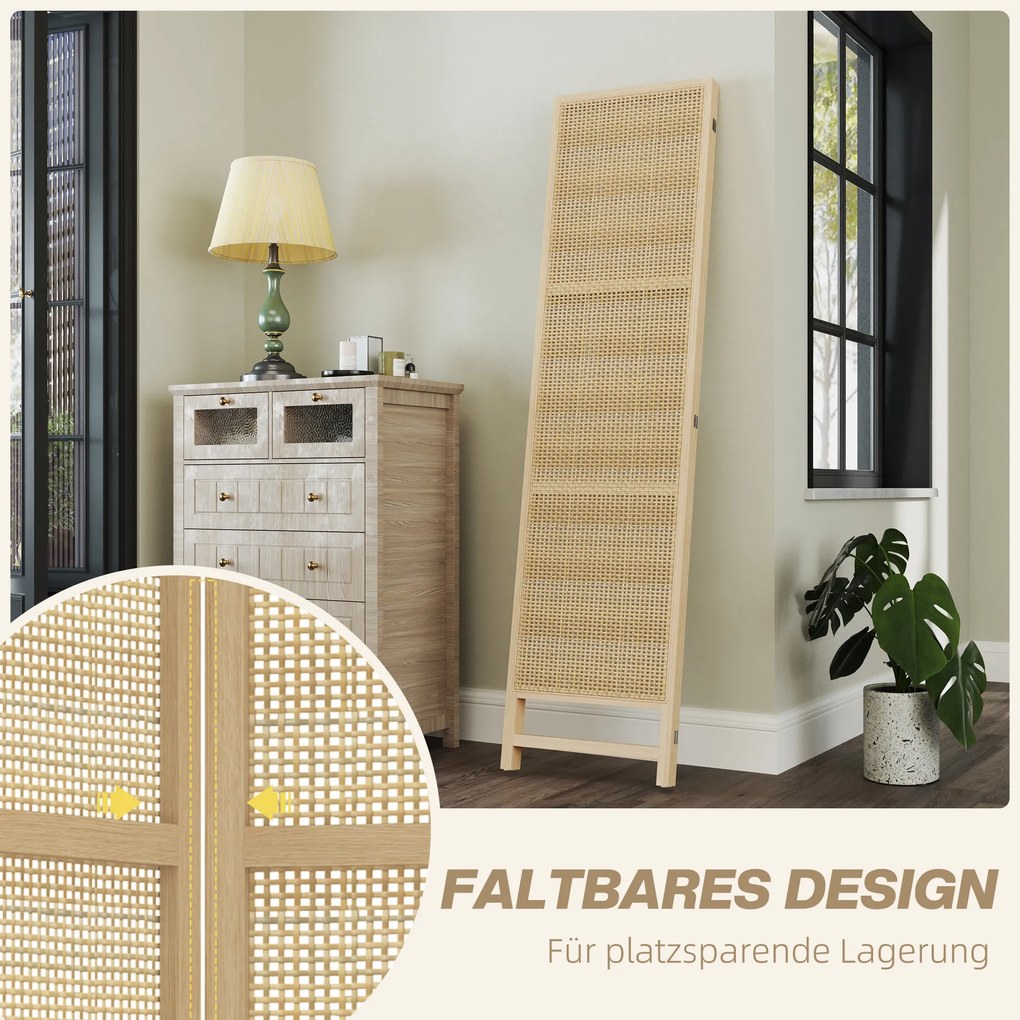HOMCOM 3-częściowy Parawan, Składany Ekran Ściany o Wysokości 180 cm, Wolnostojąca Przegroda z Ręcznie Tkanej Plecionki dla Domu, Naturalny