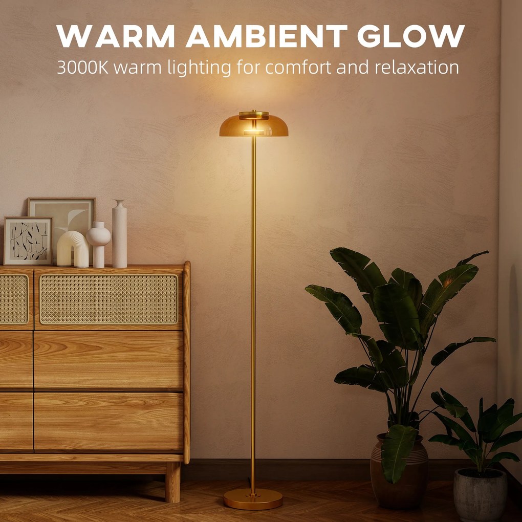 HOMCOM LED Lampa stojąca do salonu, lampa podłogowa z ciepłym światłem 3000 K, włącznik nożny, 25 x 25 x 134 cm, mosiądz