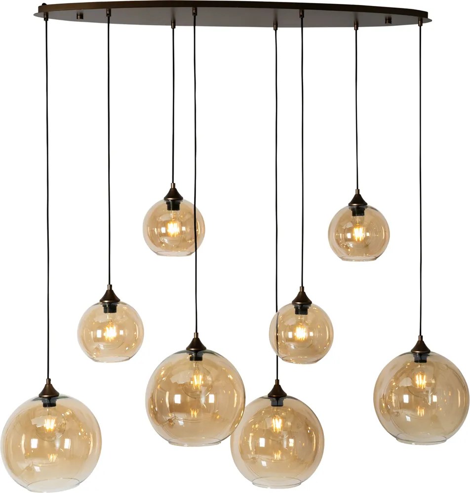 Lampa wisząca w stylu art deco ciemny brąz z bursztynowym szkłem owalnym 8-światłowa - Sandra