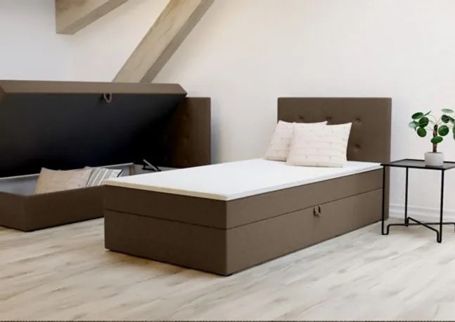 Wygodne łóżko jednoosobowe Bastian 90cm, miękkie wykończenie w beżowym kolorze, prawe