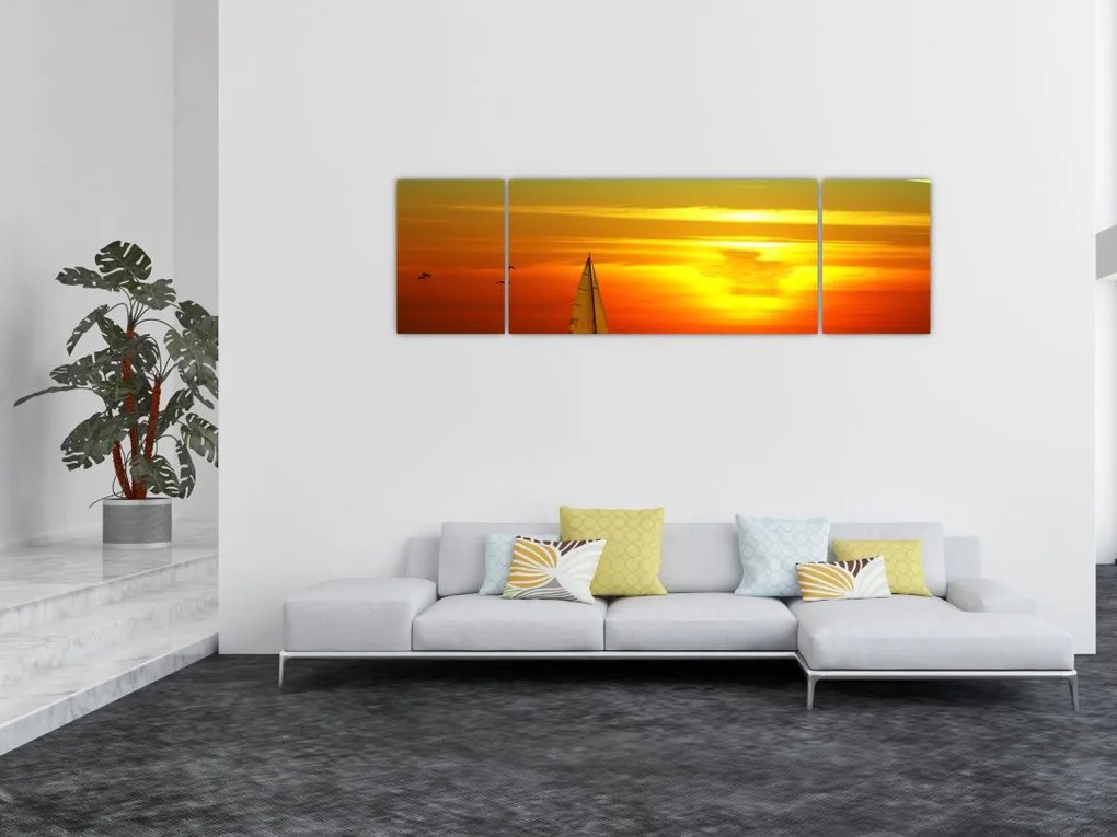 Obraz zachodu słońca z jachtem (170x50 cm)
