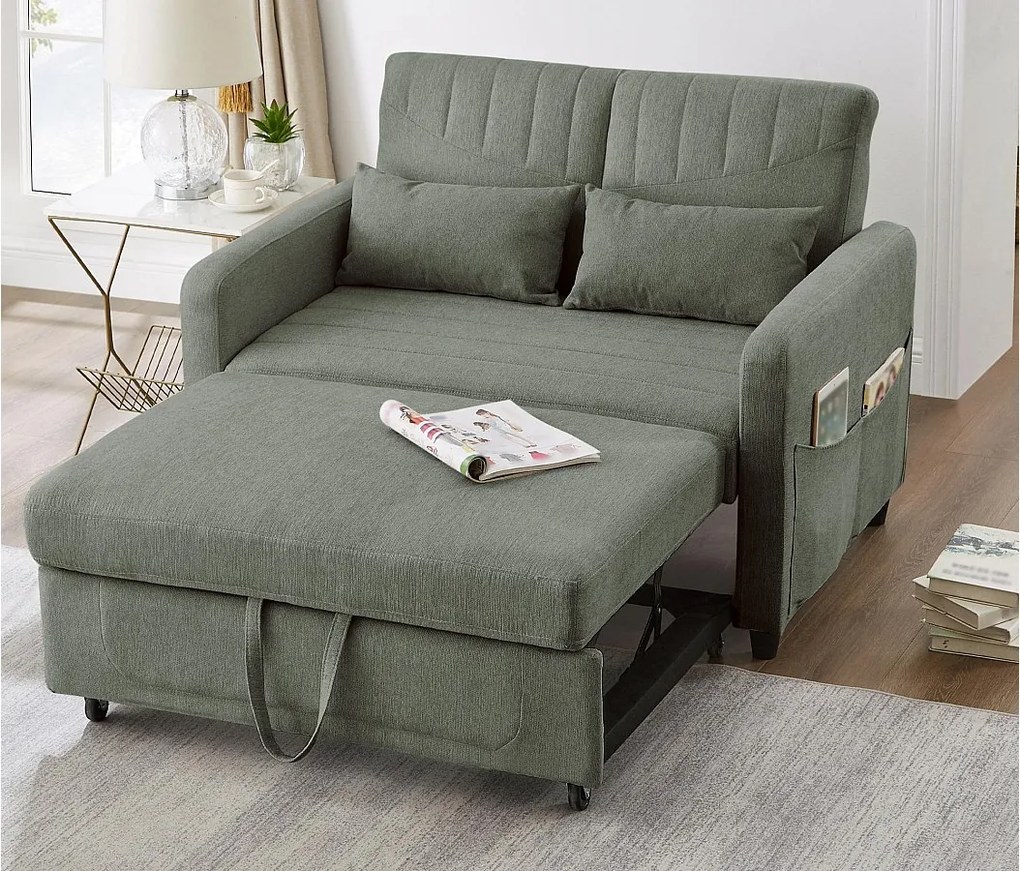 Rozkładana kanapa dwuosobowa 114 x 77 x 82,5 cm - oparcie regulowane na trzech poziomach - tkanina bawełniana i lniana - zielony militarny