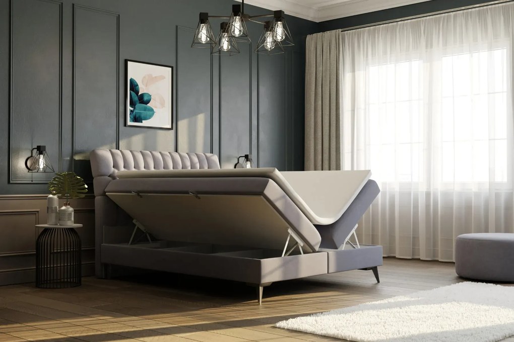 Łóżko kontynentalne BETAFO 140x200 ciemno niebieskie velvet z pojemnikiem LAVERTO