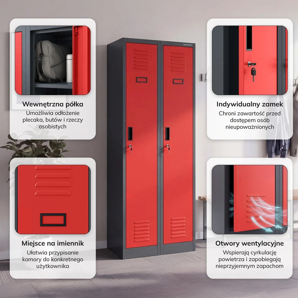Szafka pracownicza dwukomorowa antracytowo-czerwona, 600x1800x500 mm: KACPER II