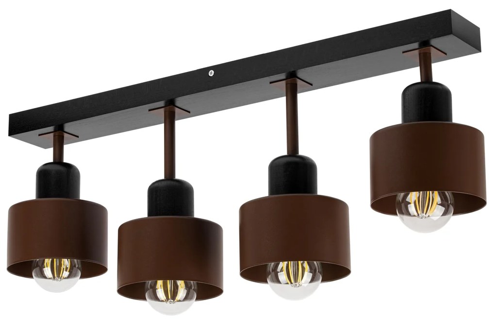 Brązowo-czarna lampa sufitowa, czteropunktowy spot DBR60x7SC z drewna