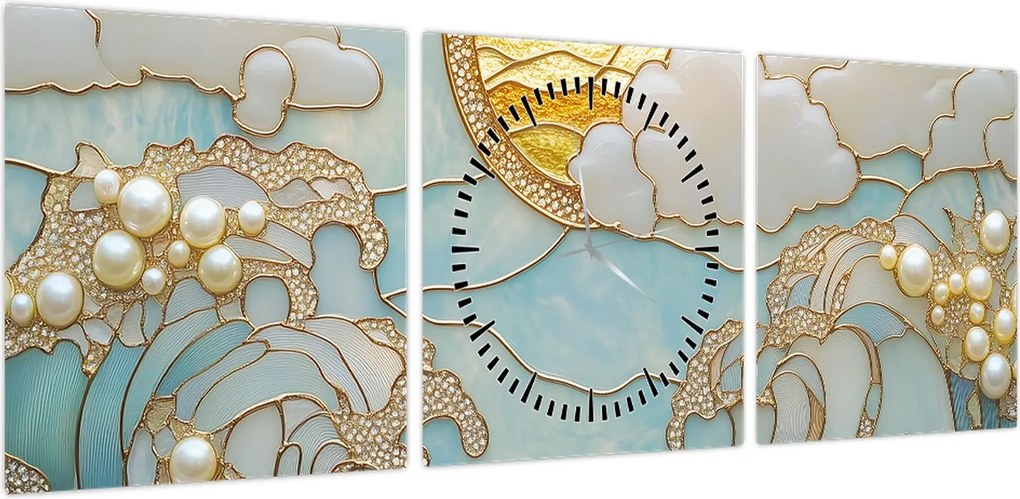 Obraz - 3D perły w oceanie (z zegarem) (90x30 cm)