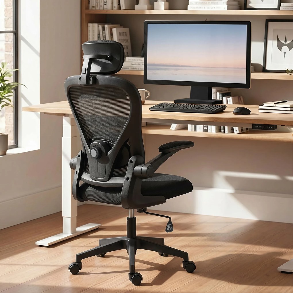 HOMCOM Fotel biurowy ergonomiczny z regulacją podłokietników i wsparciem lędźwiowym fotel do pracy czarny | Aosom PL