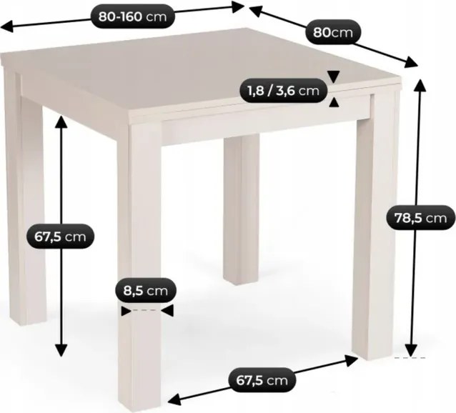 Stół Kwadratowy Rozkładany MAX 80-160 cm Kaszmir Japandi