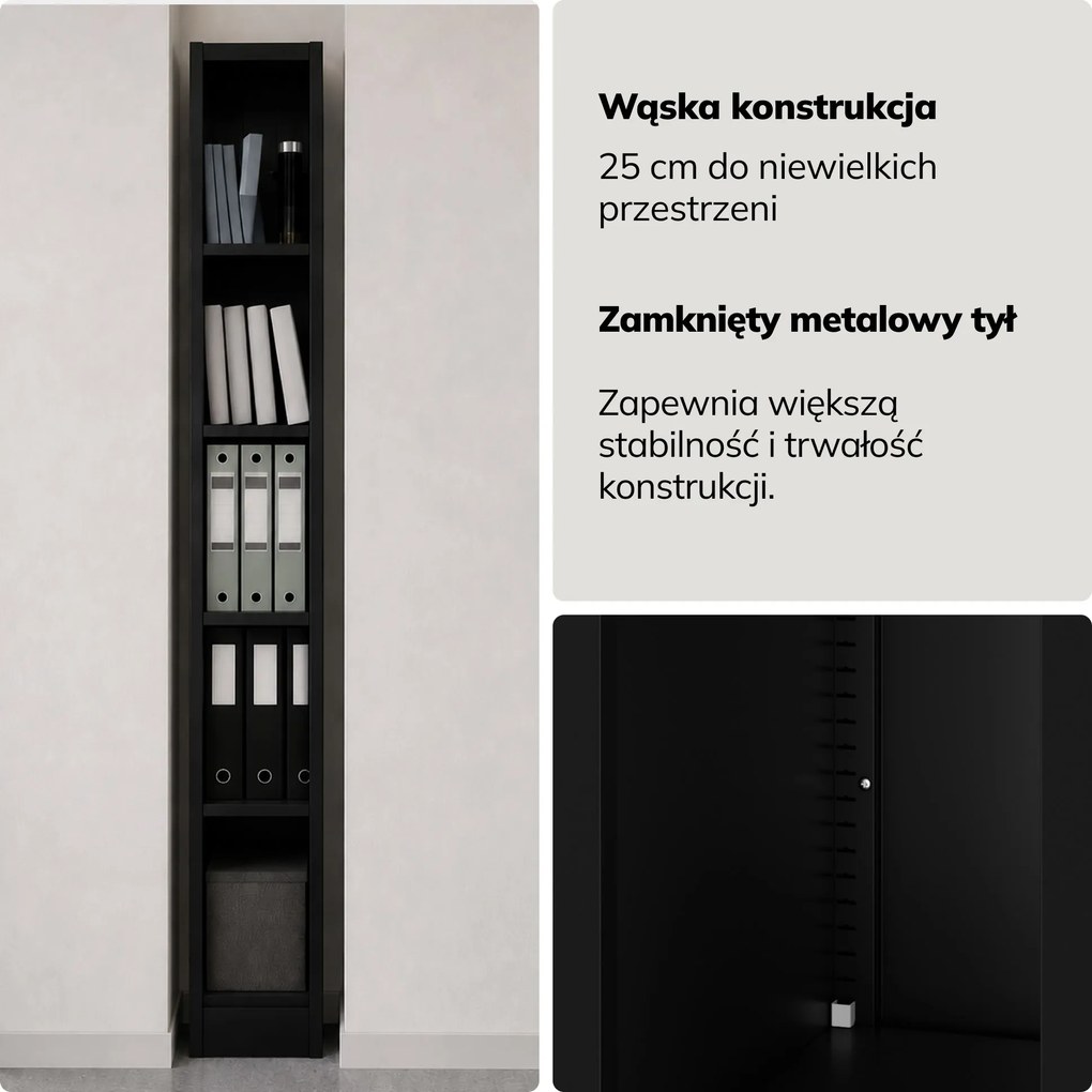 Regał metalowy wąski, archiwizacyjny na dokumenty czarny, 250x1950x450 mm: TIM