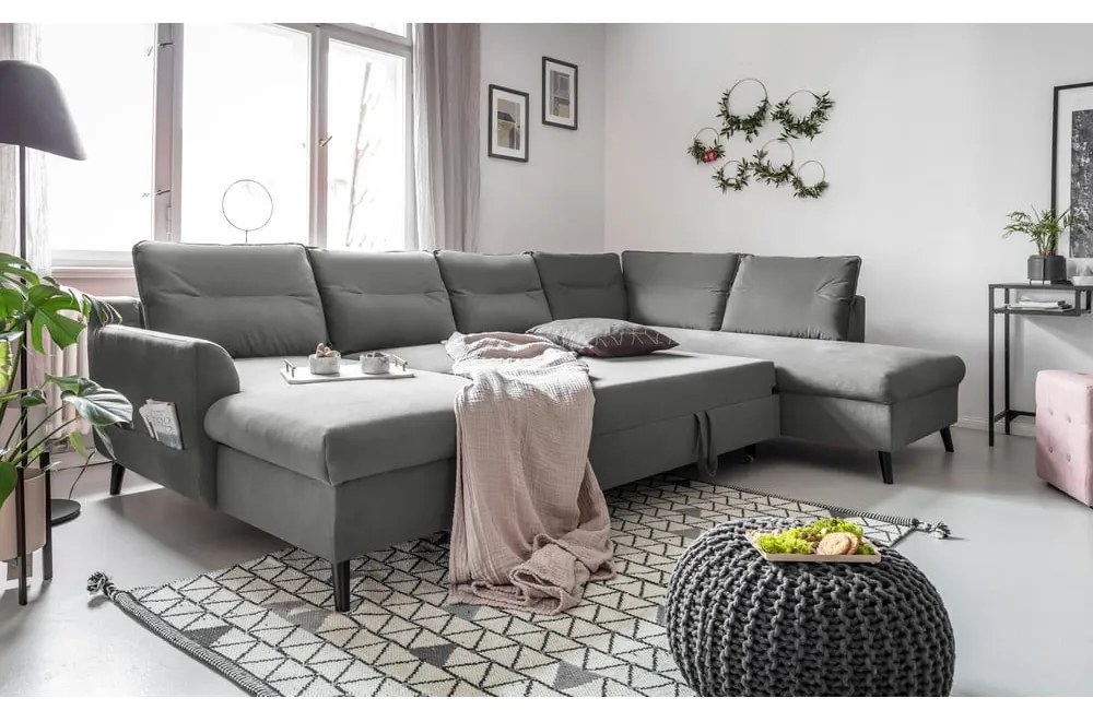 Jasnoszara aksamitna rozkładana sofa w kształcie litery "U" Miuform Stylish Stan, prawostronna