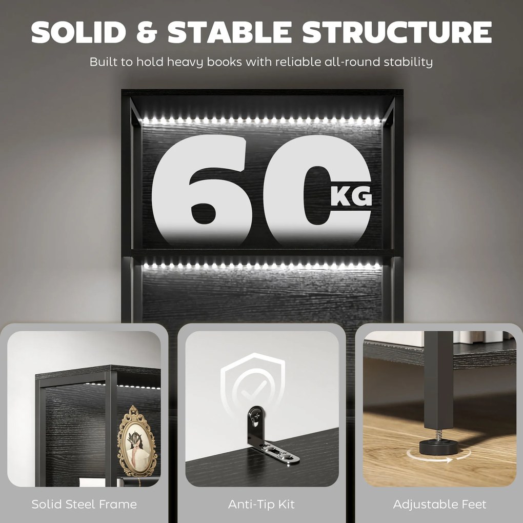 HOMCOM Regał z 5 półkami z LED, 7 kolorów światła, do salonu, 60 x 30 x 179 cm, czarny | Aosom PL