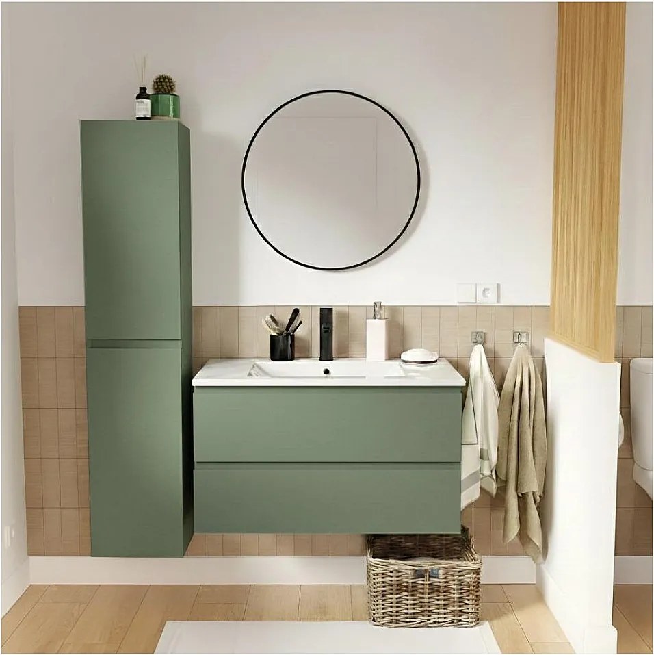 Szafka pod umywalkę 80 cm z ceramicznym blatem, baterią, lustrem i kolumną SORRENTO