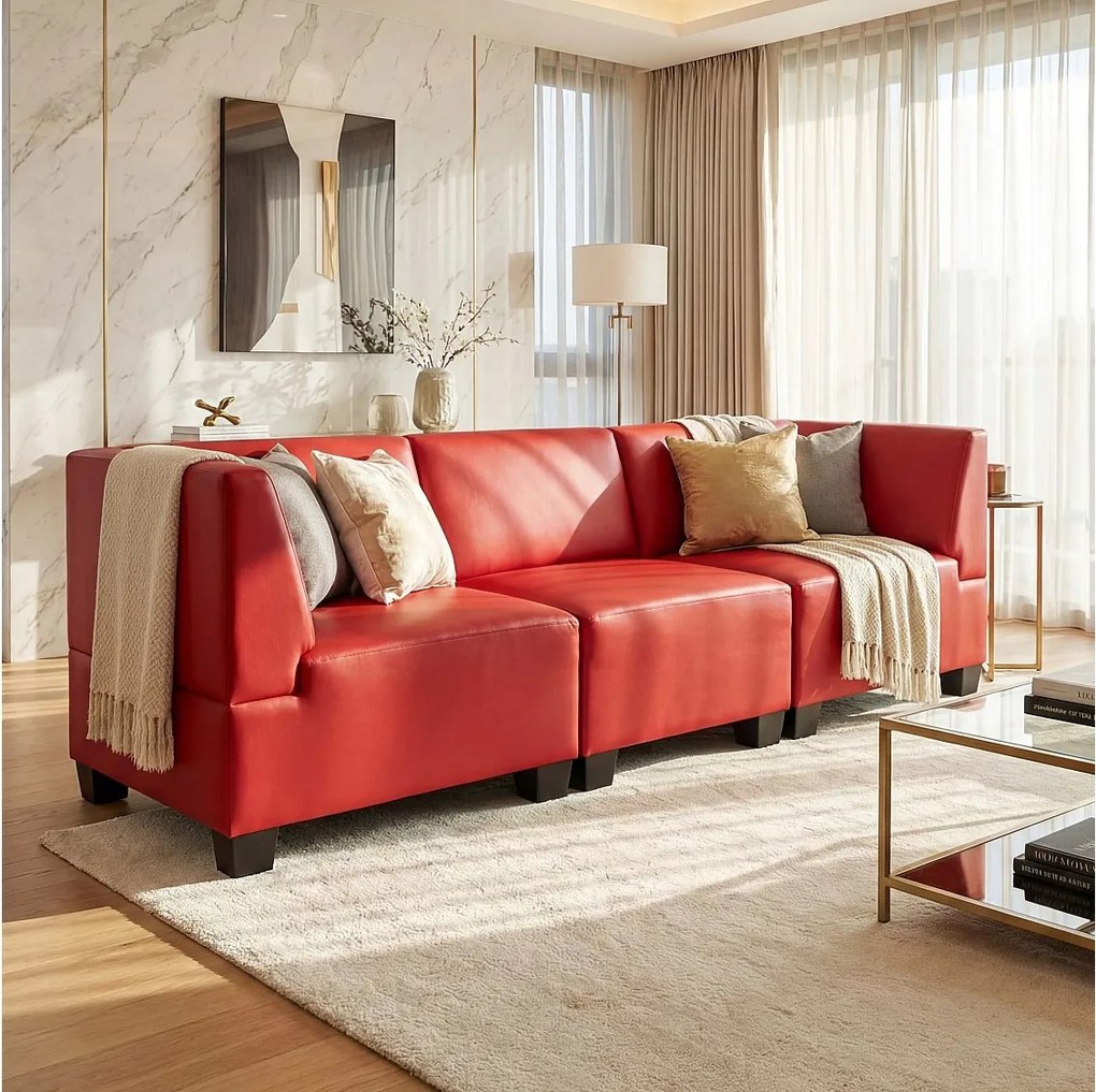 Modułowa sofa 3-osobowa Moncalieri,  czerwona, wysokie podłokietniki