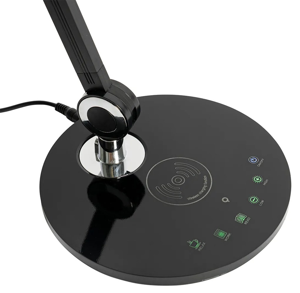 Designerska lampa stołowa czarna w komplecie z LED z czujnikiem dotykowym i ładowarką indukcyjną - Don