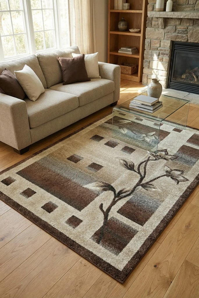 Brązowy nowoczesny dywan w kwiaty T9-R22