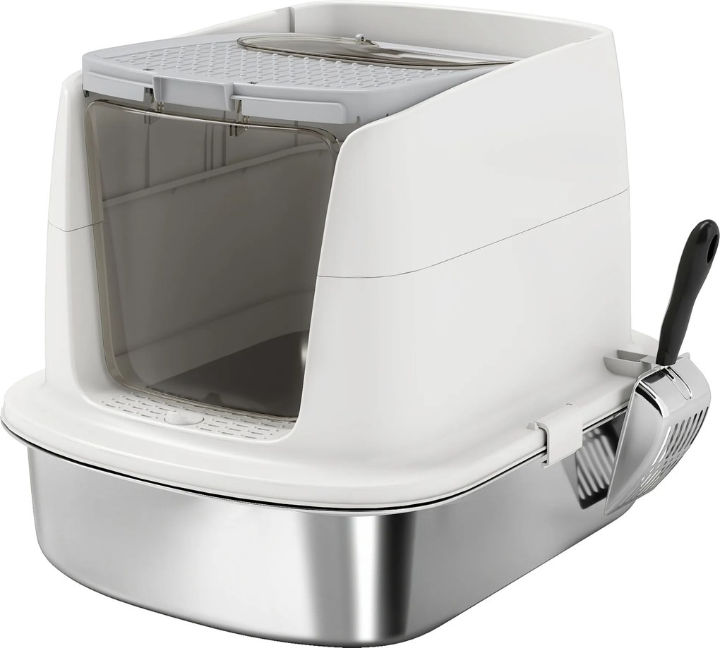 PawHut Toaleta dla kotów ze stali nierdzewnej, zamknięta toaleta z szufelką i workiem na zapachy, z wejściem i wyjściem
