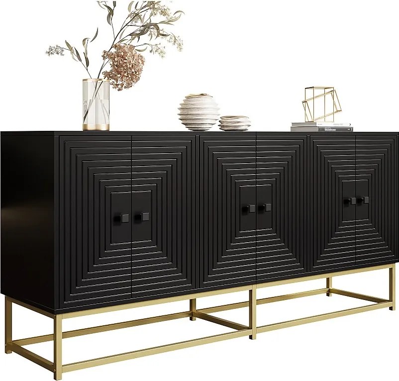 Nowoczesna komoda z 3 podwójnymi drzwiami - 160 x 38 x 75,5 cm - na złotych nogach - płyta wiórowa - czarna