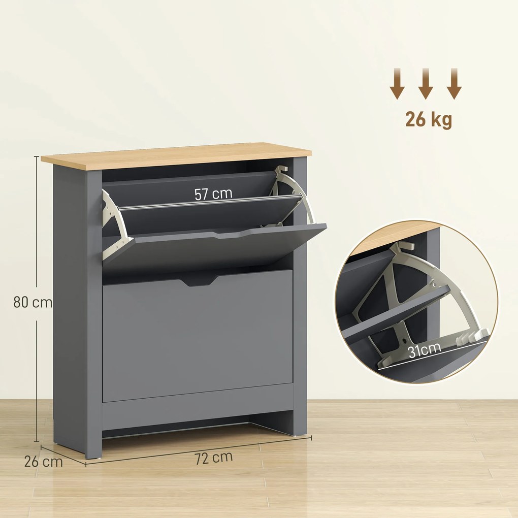 HOMCOM Szafka na buty z 2 klapowymi przegrodami, regulowana przegroda na 8-12 par butów, 72 x 26 x 80 cm, Ciemnoszary | Aosom PL