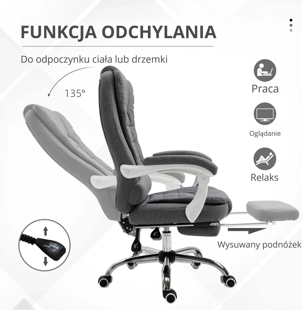 Vinsetto Fotel biurowy z podnóżkiem szary lniany regulowane oparcie wygodny i elegancki | Aosom PL