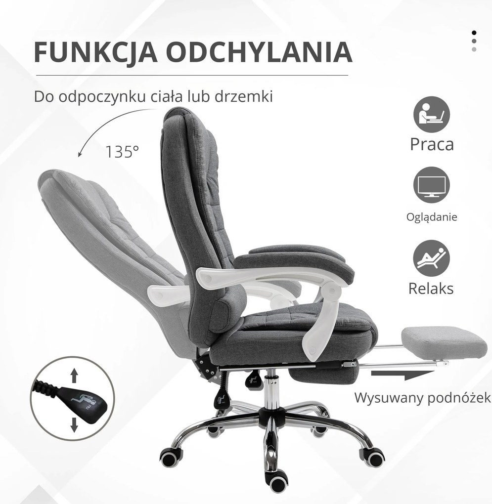 Vinsetto Fotel biurowy z podnóżkiem szary tkanina lniana wygodny regulowany ergonomiczny fotel do pracy | Aosom PL