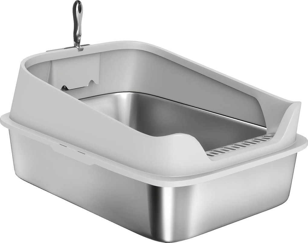 PawHut Kuweta ze stali nierdzewnej otwarta z łopatką, wysokie ścianki dla dużych kotów do 12 kg, 69,8 x 50,3 x 29,8 cm, Szara | Aosom PL