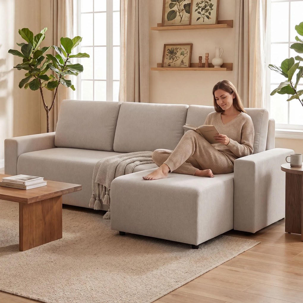 HOMCOM Narożnik z funkcją spania i odwracalnym szezlongiem, 3-osobowa sofa w kształcie L z efektem sztucznego zamszu, beżowy | Aosom PL