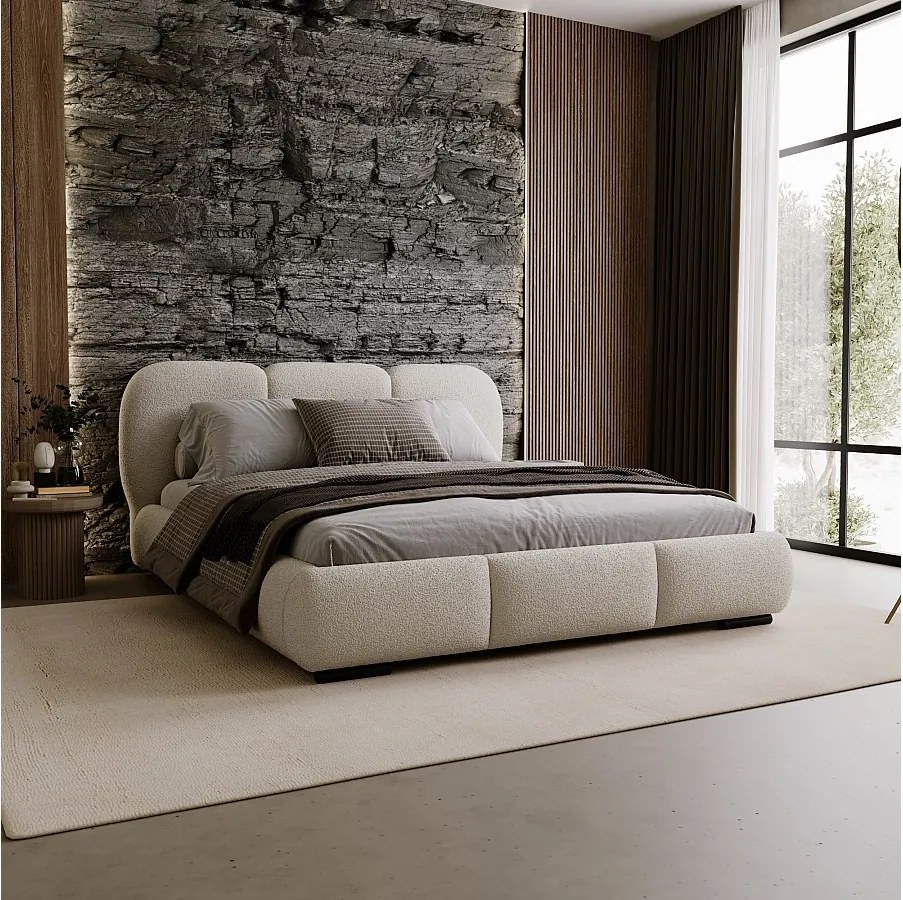 BESILIO Łóżko z pojemnikiem i stelażem 200x200 Holi- łóżko podwójne tapicerowane, tkanina boucle, baranek - Beżowy