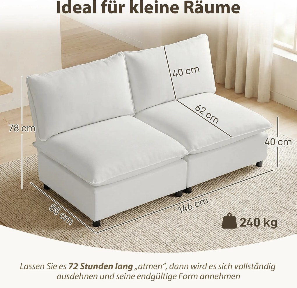 HOMCOM 2-osobowa sofa, 146 cm modułowa sofa z ekoskóry z szerokim i głębokim siedziskiem, grubymi poduszkami, łatwy montaż, Szara | Aosom PL
