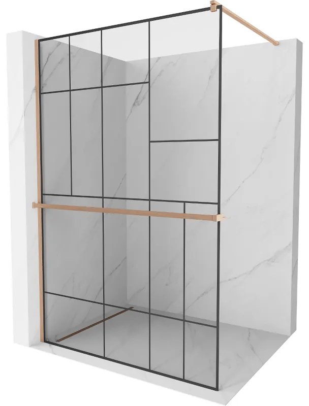Mexen Kioto+ ścianka prysznicowa z półką Walk-in 140 x 200 cm, czarny wzór, miedź szczotkowana - 800-140-121-65-78