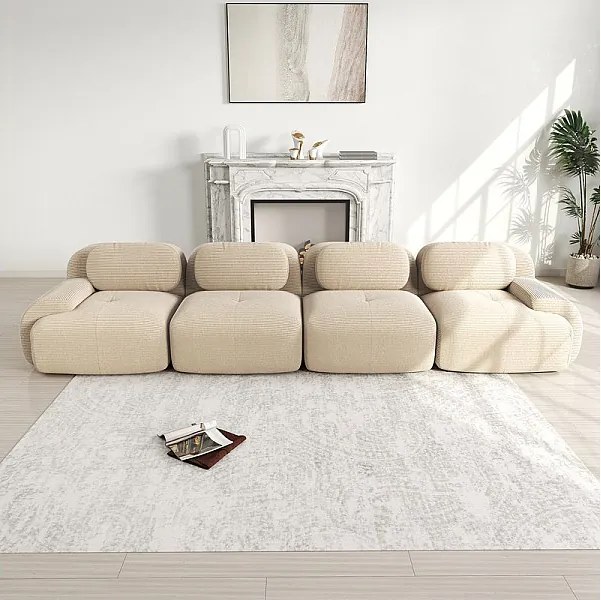 Sofa 4-osobowa Modułowa z Weluru Prążkowanego - z 4 Poduszkami - 388x103x75cm - Beżowy