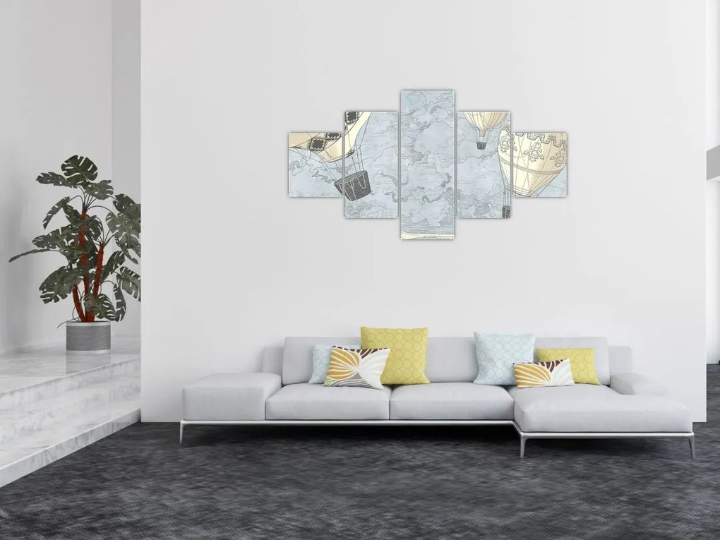 Obraz - Balony nad miastem, zimne odcienie (125x70 cm)