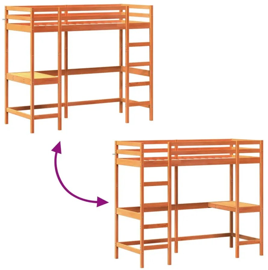 Sosnowe brązowe łóżko piętrowe z biurkiem 90x200 N8-Z85