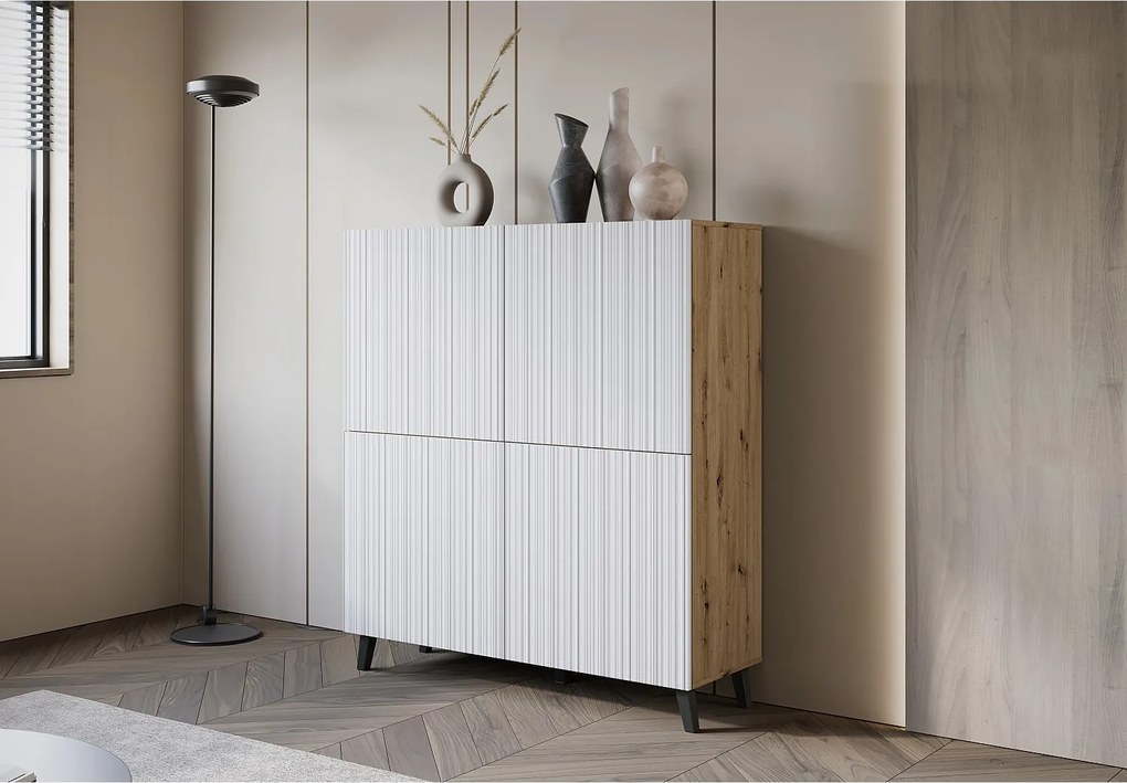 Nowoczesna wysoka komoda 120 cm na nóżkach do salonu, artisan, fronty MDF białe drobne ryfle