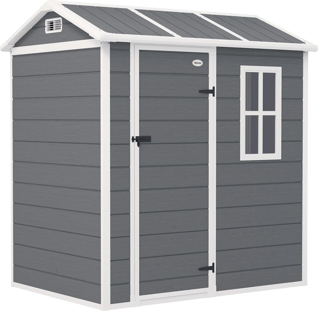Outsunny Domek ogrodowy, Schowek z podłogą, oknem, zamkiem, z żywicy polipropylenowej, odporny na warunki atmosferyczne, Szary