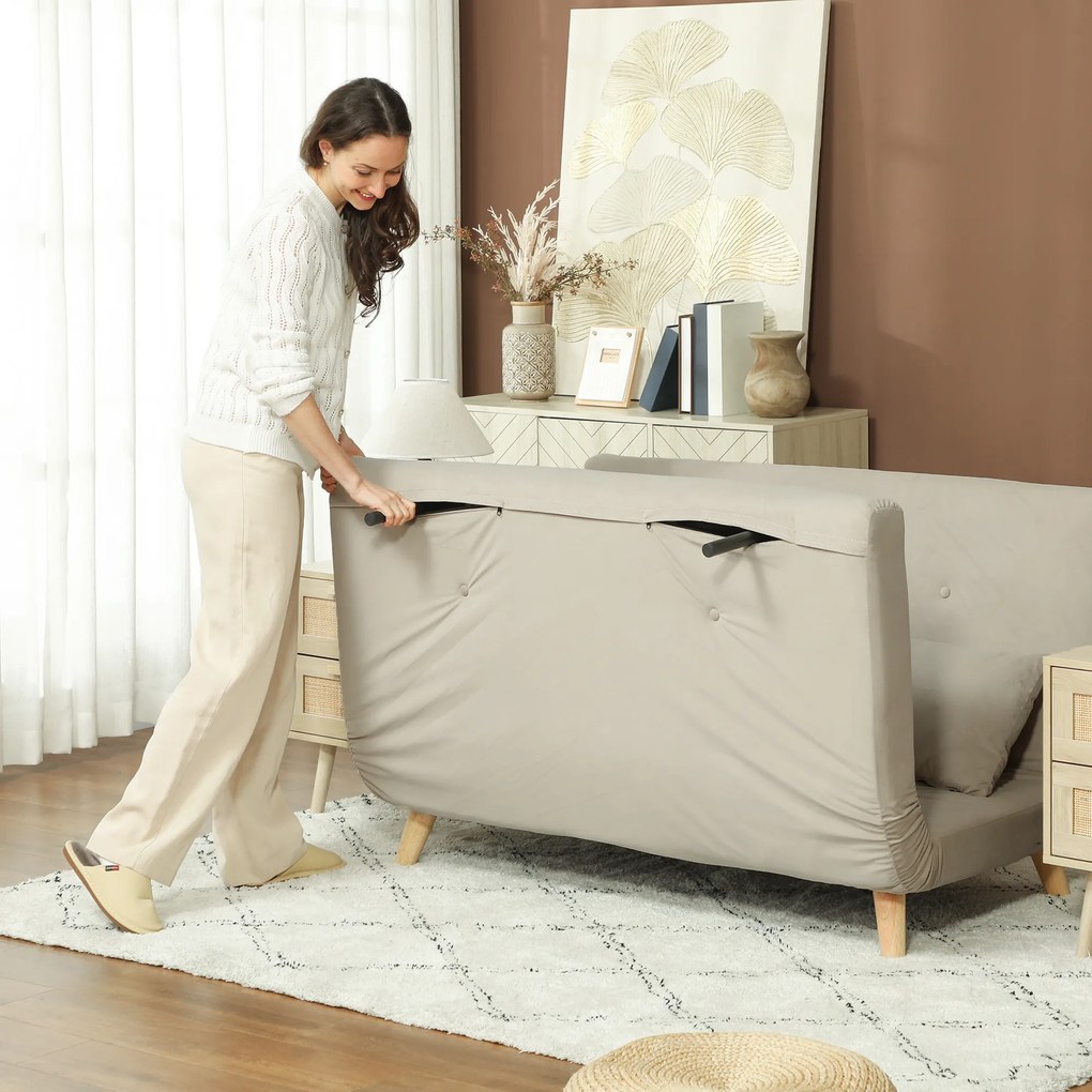 HOMCOM Relaksacyjna Sofa z Funkcją Spania, w zestawie 2 Poduszki, Wygląd Aksamitu, 130 x 78 x 79 cm, Beżowa